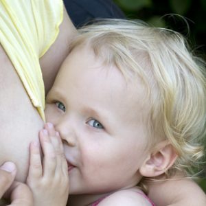 Mother Breast Feeding Her Cute Blond Child in The Park.